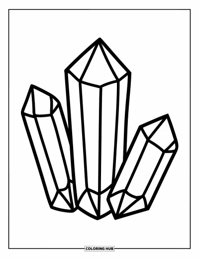 Desenho de Cristal para Colorir para Crianças: Três formas de cristal grandes com bordas grossas e facetas mínimas em pé