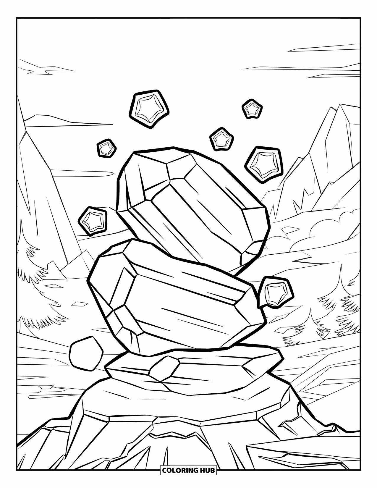 Crystal Coloring Page for Kids: Two large crystals with stars floating around them, set on rocky terrain