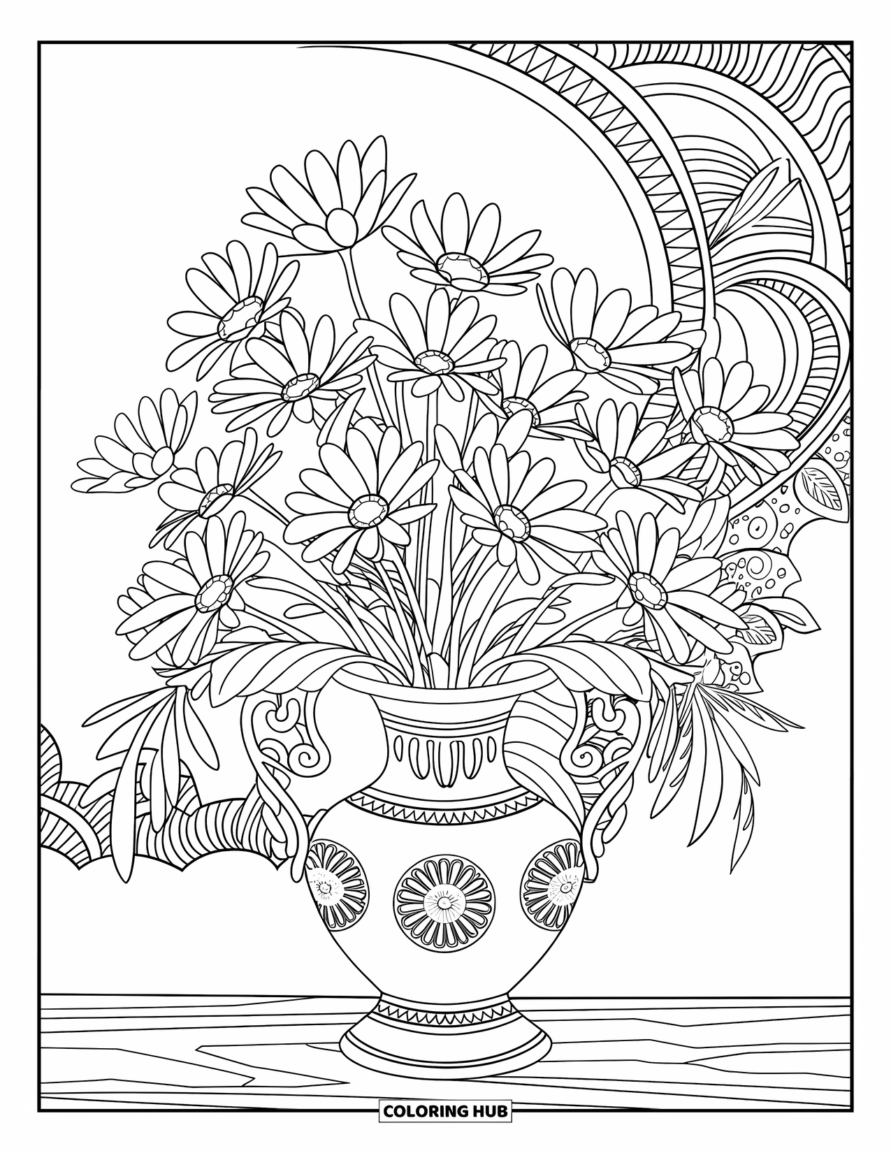 Daisy Coloring Page for Adults: A bouquet of daisies in a vintage vase with ornamental designs, placed on a wooden surface
