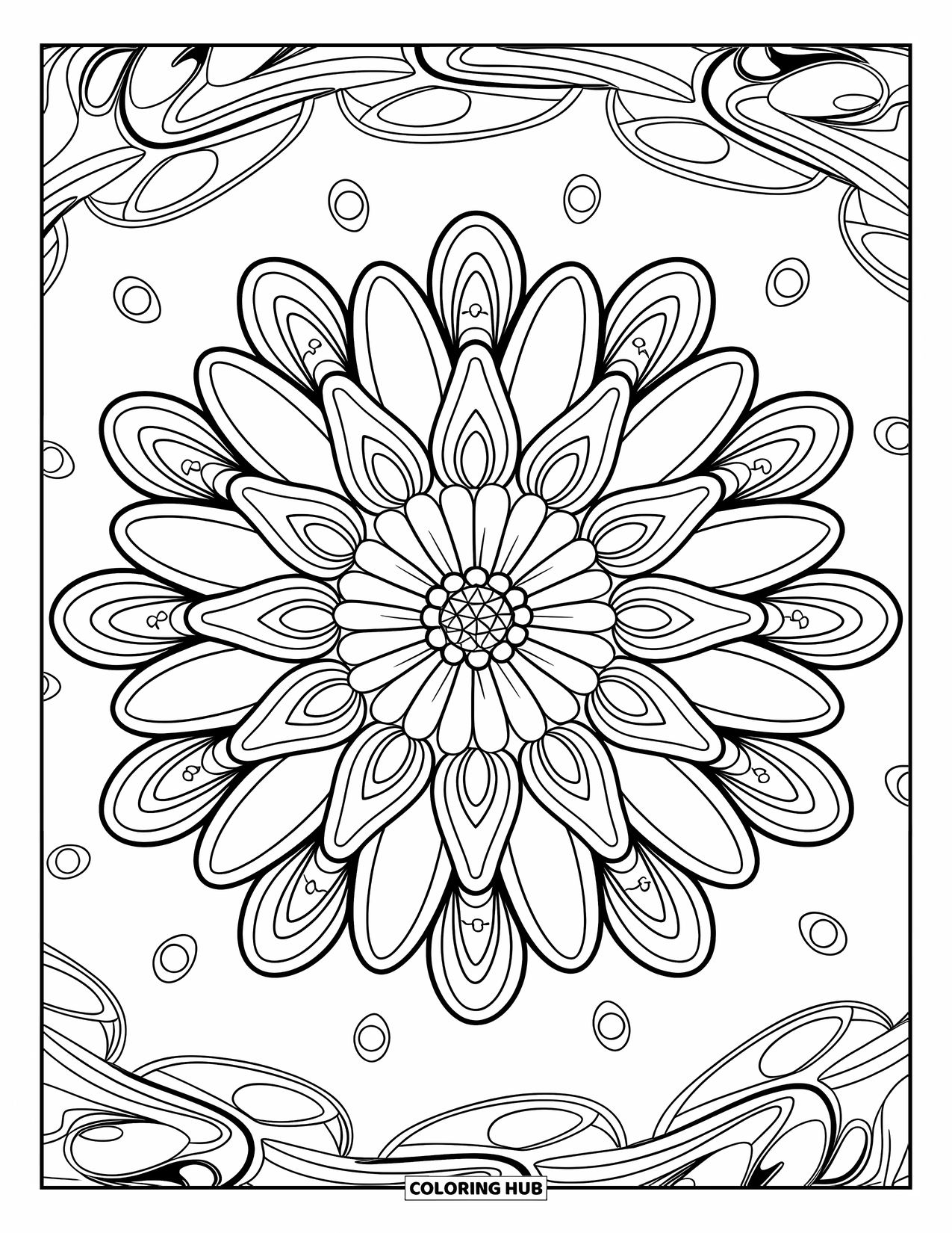 Daisy Coloring Page for Adults: A daisy mandala with layers of petals and intricate patterns, surrounded by swirling lines and circles