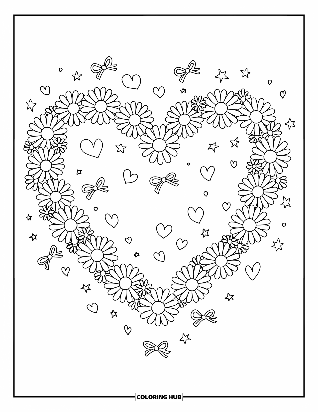 Daisy Coloring Page for Adults: A heart-shaped wreath of daisies with stars, bows, and floating petals scattered around