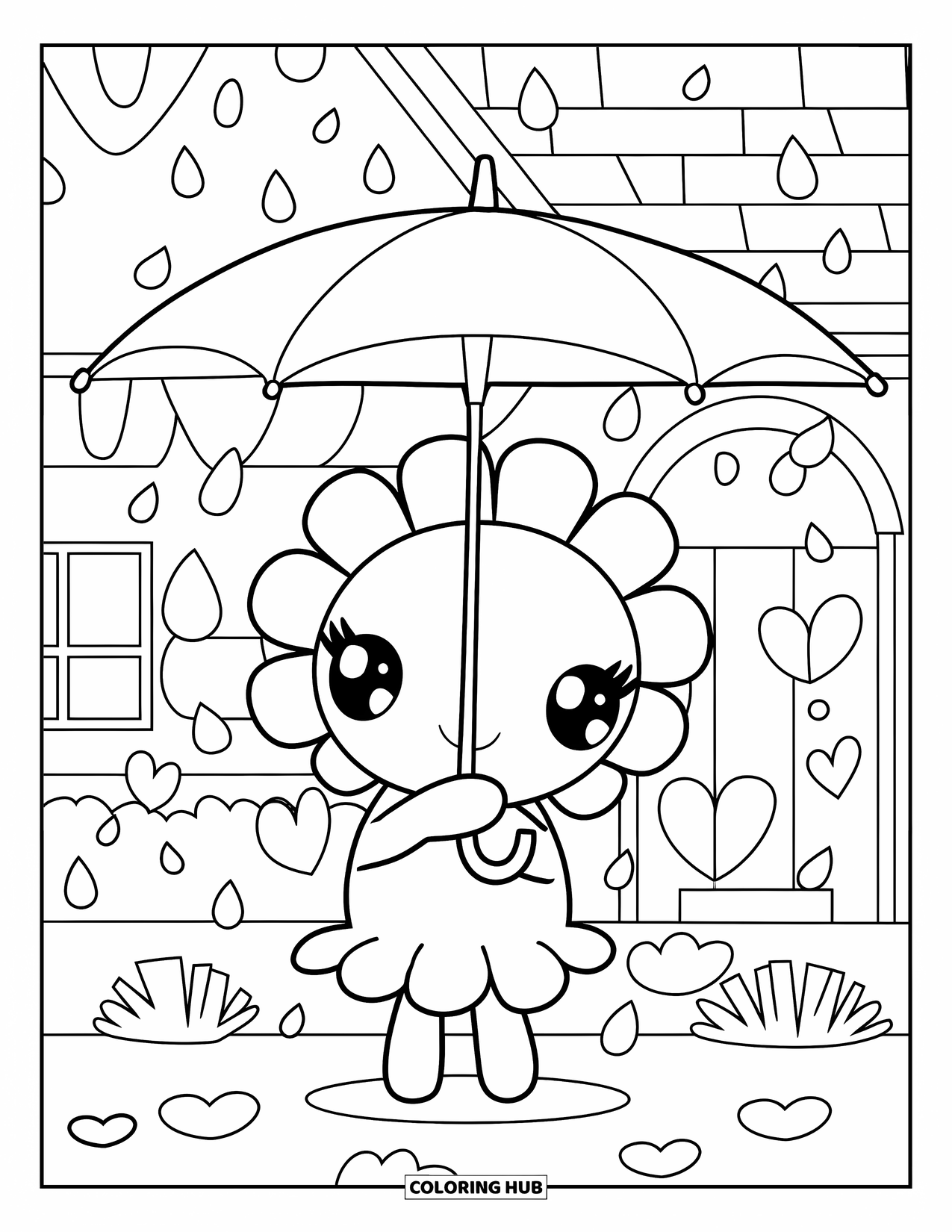 Daisy Coloring Page for Adults: A kawaii daisy character holding an umbrella under heart-shaped raindrops, with a cozy cottage in the background