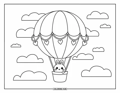 Margaréta kifestő felnőtteknek: Kawaii stílusú margaréta hőlégballon, szív alakú füzérekkel, nyuszi a kosárban