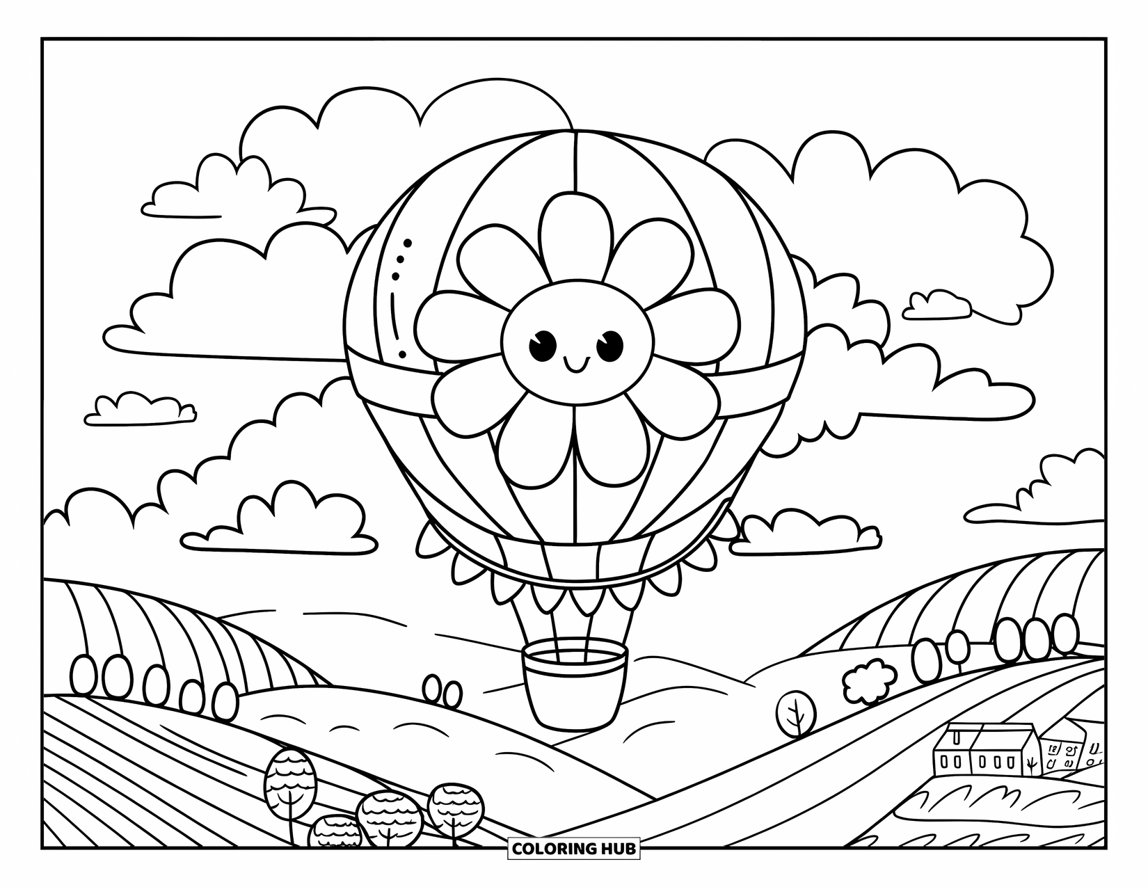Daisy Coloring Page for Adults: A kawaii-style hot air balloon shaped like a daisy, floating among fluffy clouds with heart bunting