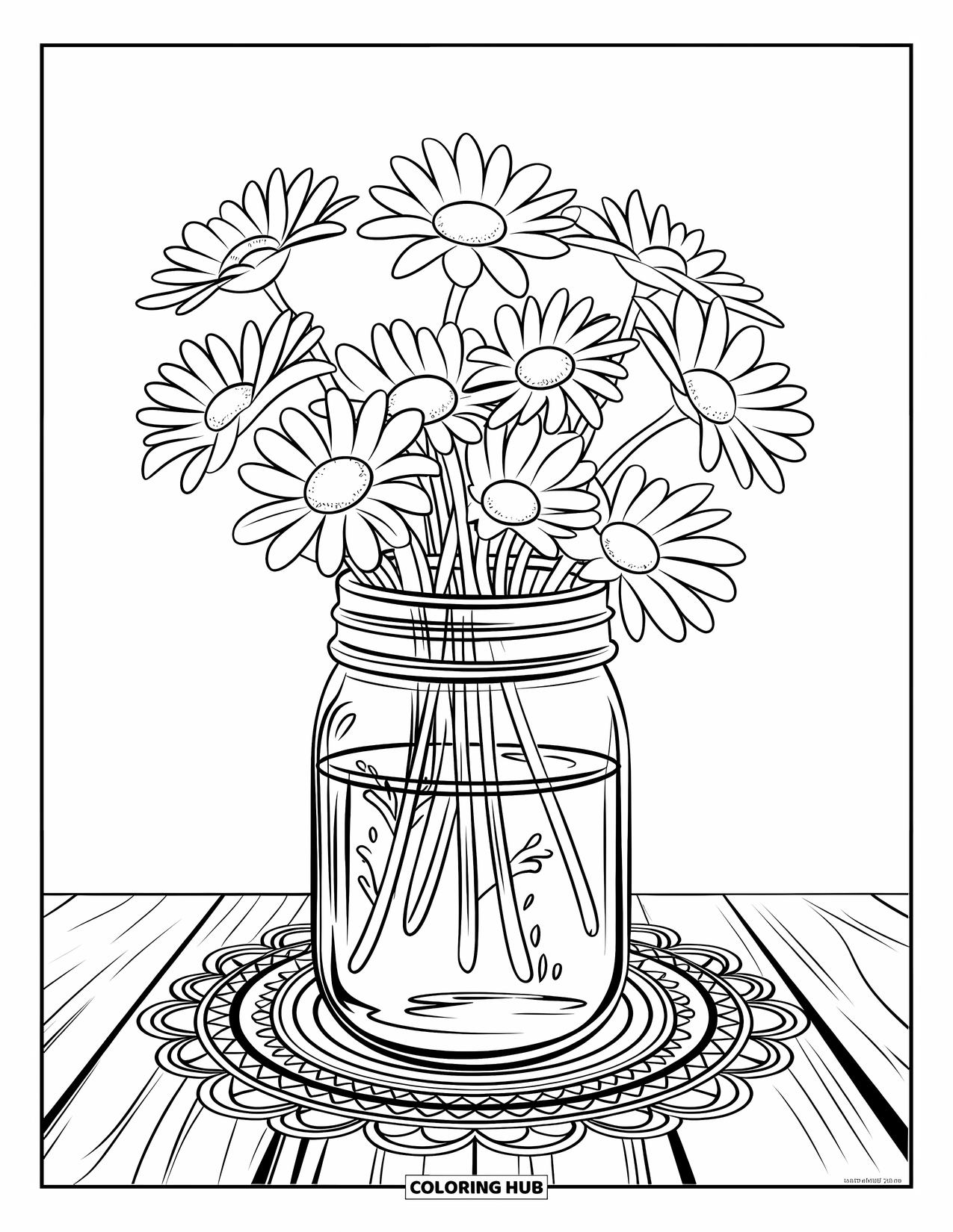 Daisy Coloring Page for Adults: A mason jar filled with daisies and water, placed on a wooden surface with intricate designs