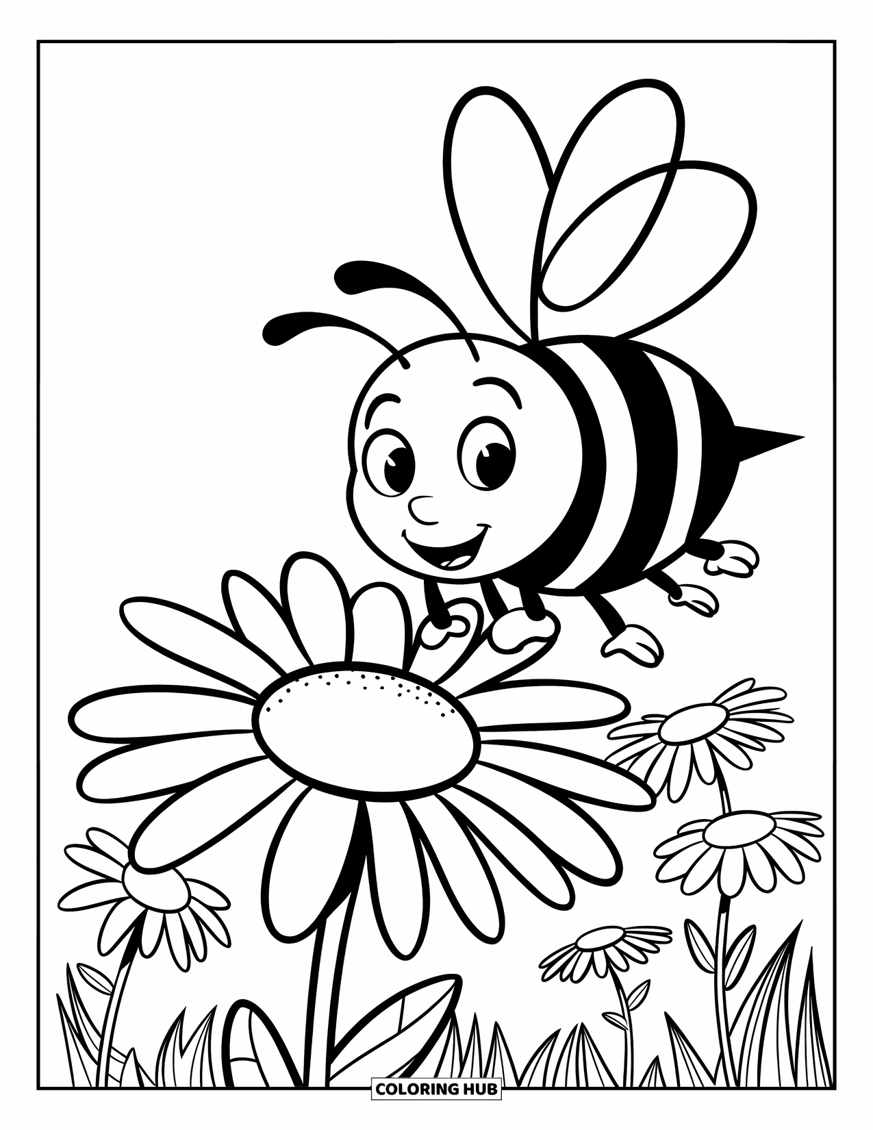 Daisy Coloring Page for Kids: A bee hovers over a daisy in a sunny field