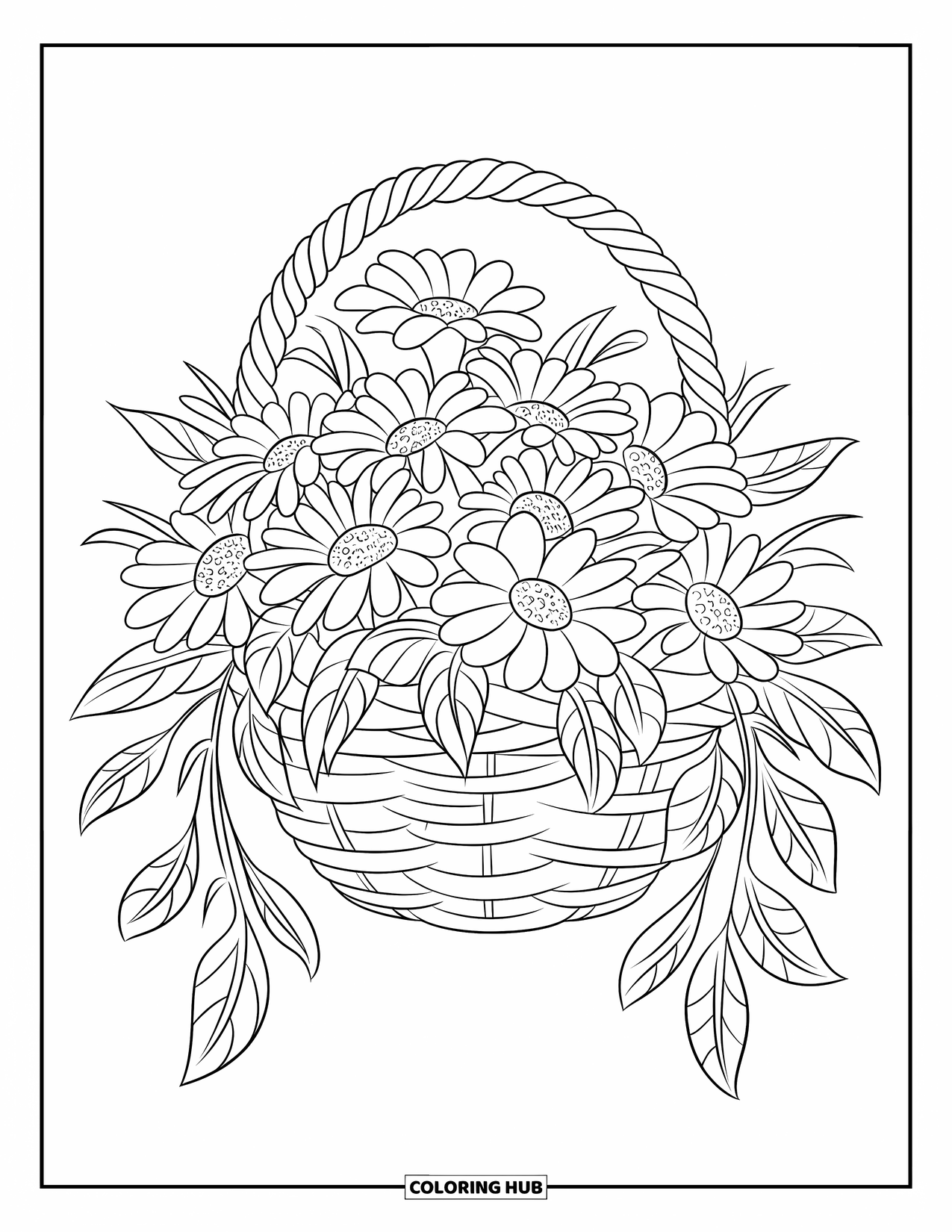 Daisy Coloring Page for Kids: A bouquet of daisies in a woven hanging basket, surrounded by leaves with veins