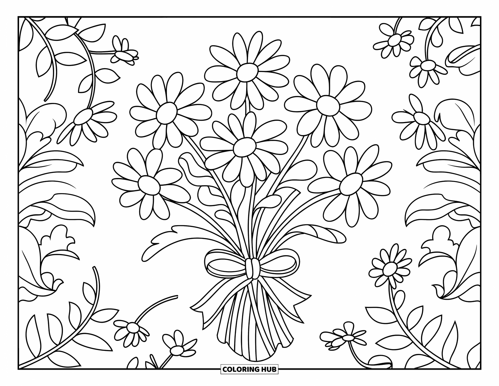 Daisy Coloring Page for Kids: A cheerful daisy bouquet tied with a ribbon