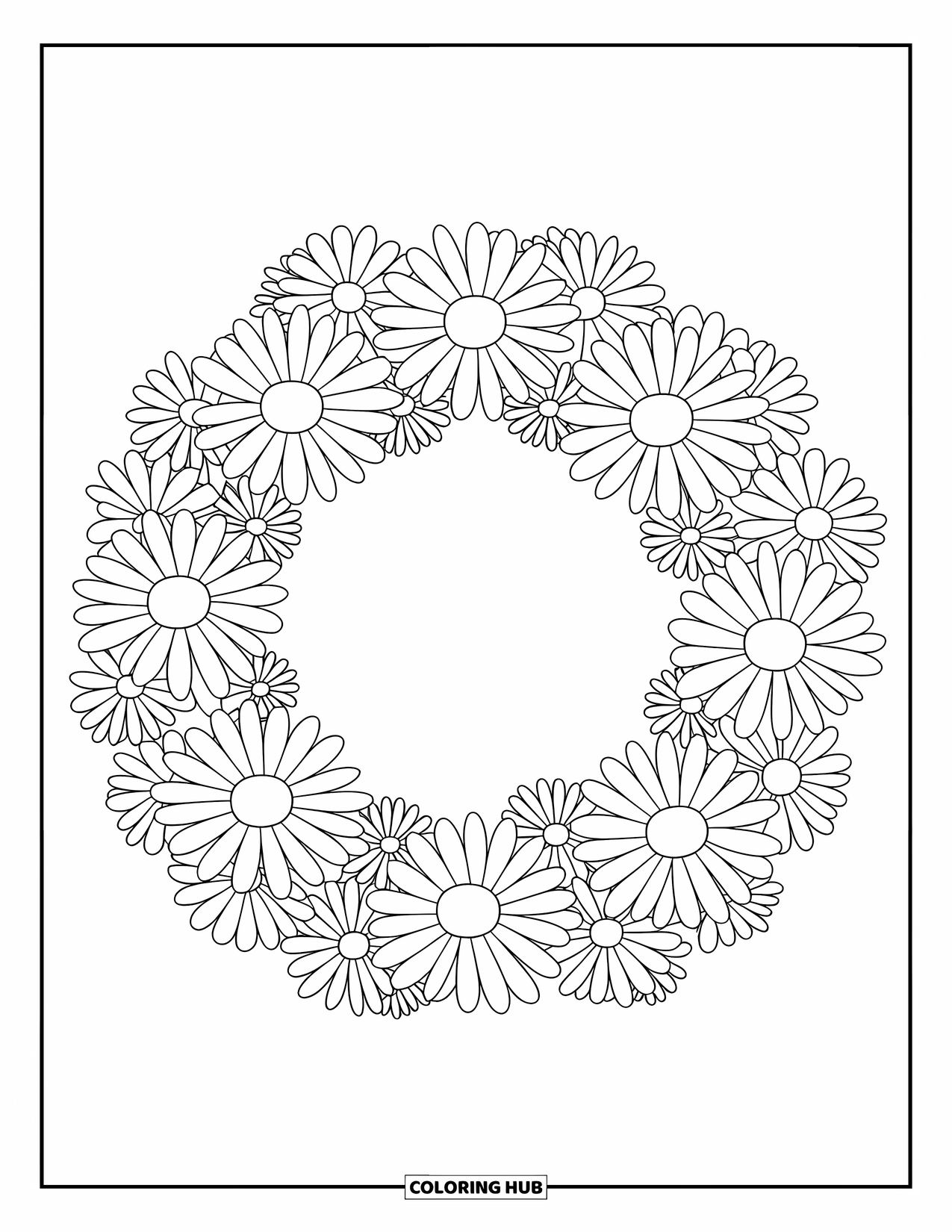 Daisy Coloring Page for Kids: A cheerful daisy wreath in a perfect circle