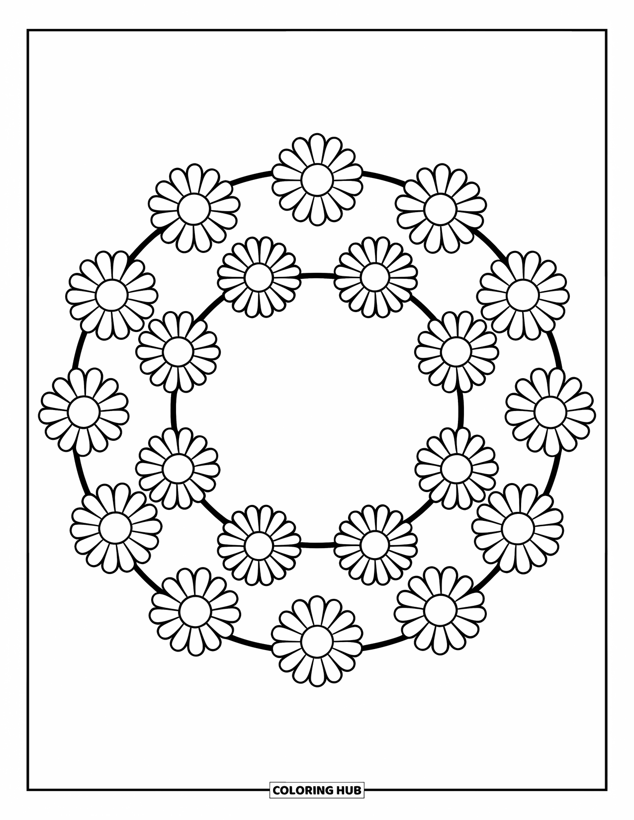 Daisy Coloring Page for Kids: A circle-shaped daisy wreath with evenly spaced flowers