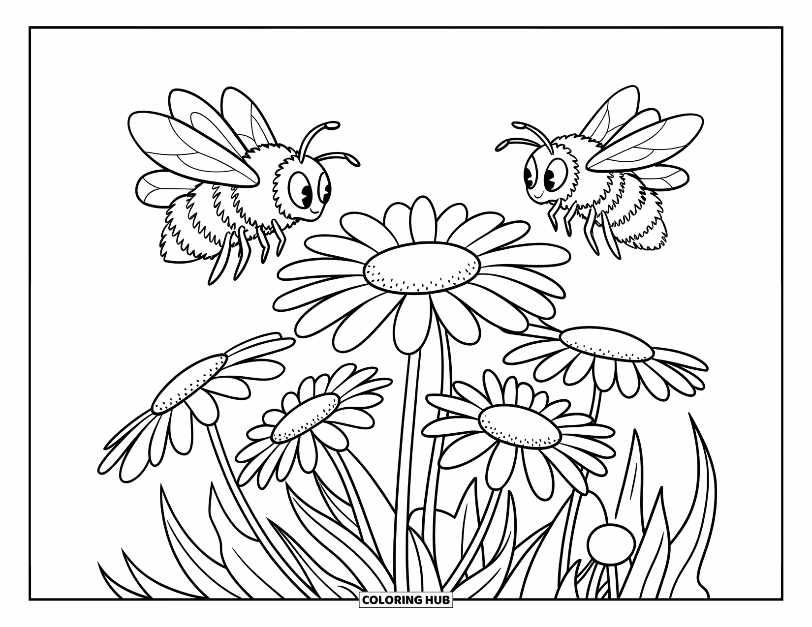 Daisy Coloring Page for Kids: A cluster of daisies surrounded by buzzing bees with dynamic wings in flight