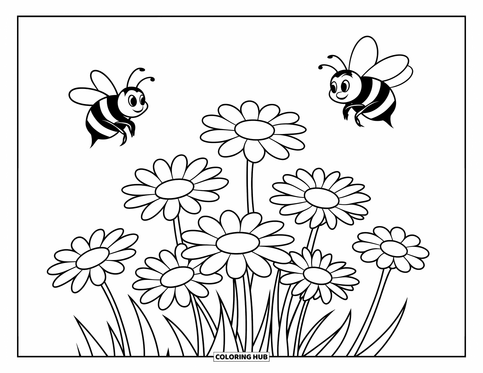 Daisy Coloring Page for Kids: A cluster of daisies surrounded by two buzzing bees in flight
