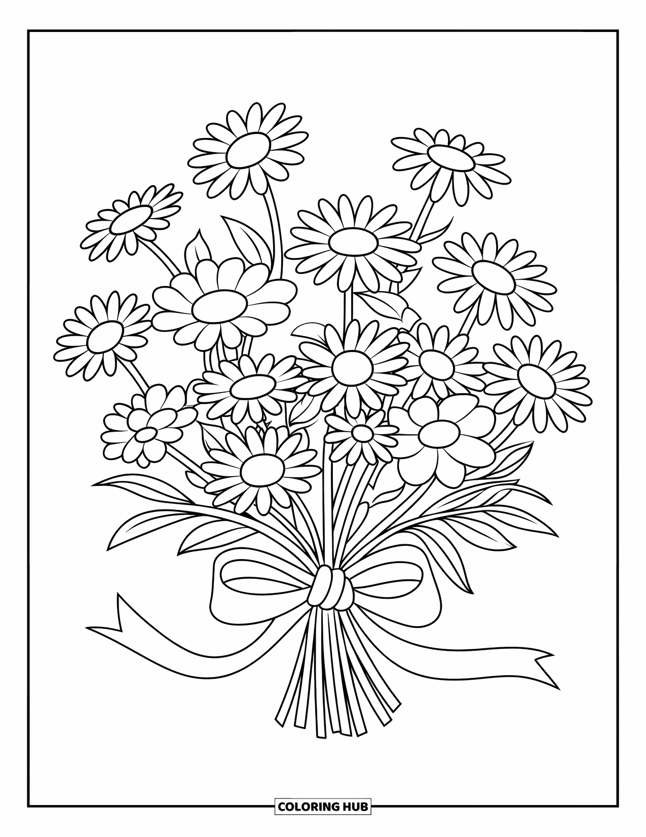 Daisy Coloring Page for Kids: A cute daisy bouquet tied with a ribbon