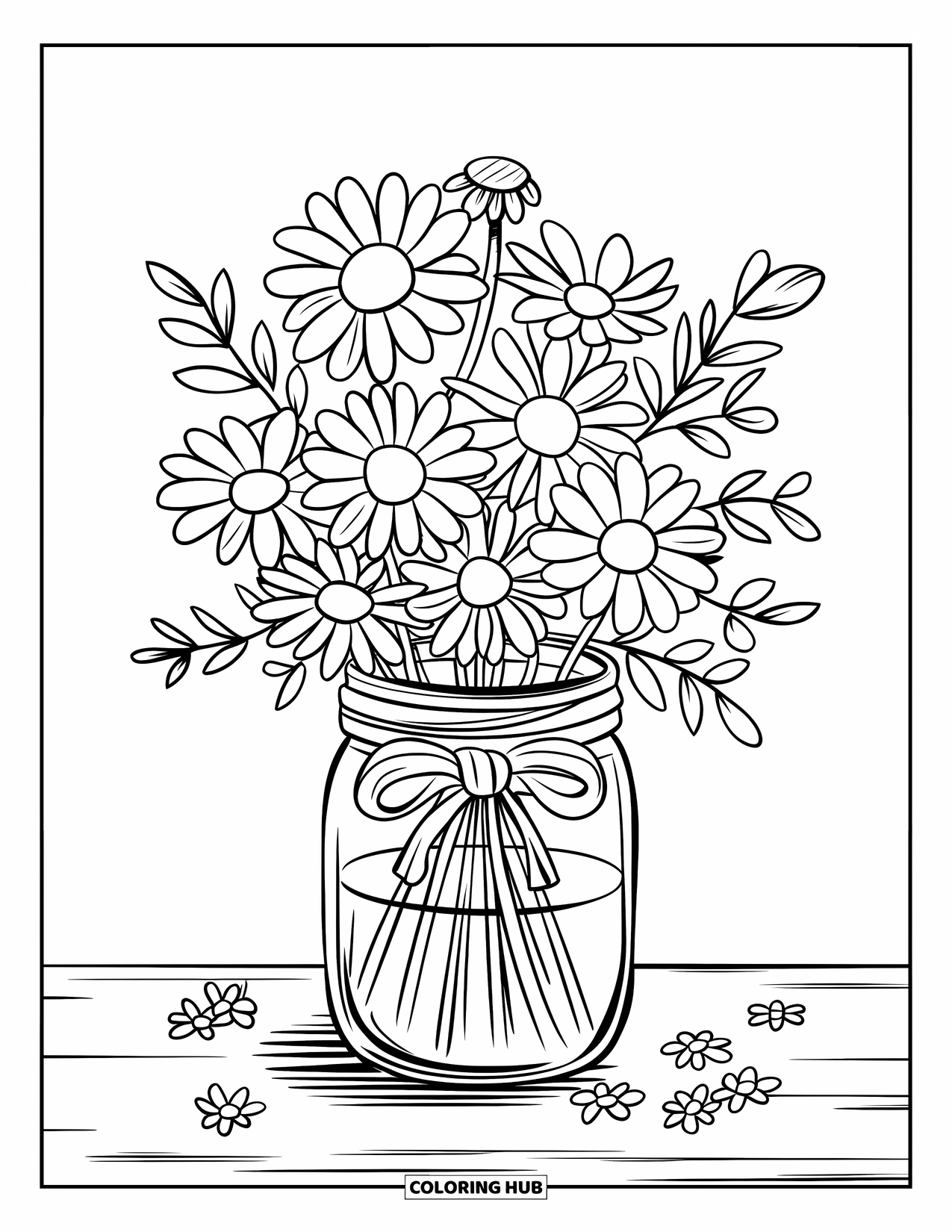 Daisy Coloring Page for Kids: A daisy bouquet in a mason jar, tied with a bow around the neck, placed on a wooden surface