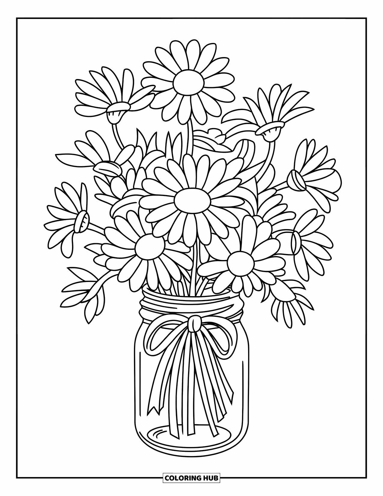 Daisy Coloring Page for Kids: A daisy bouquet in a mason jar, tied with a bow, placed on a wooden surface with engaging details