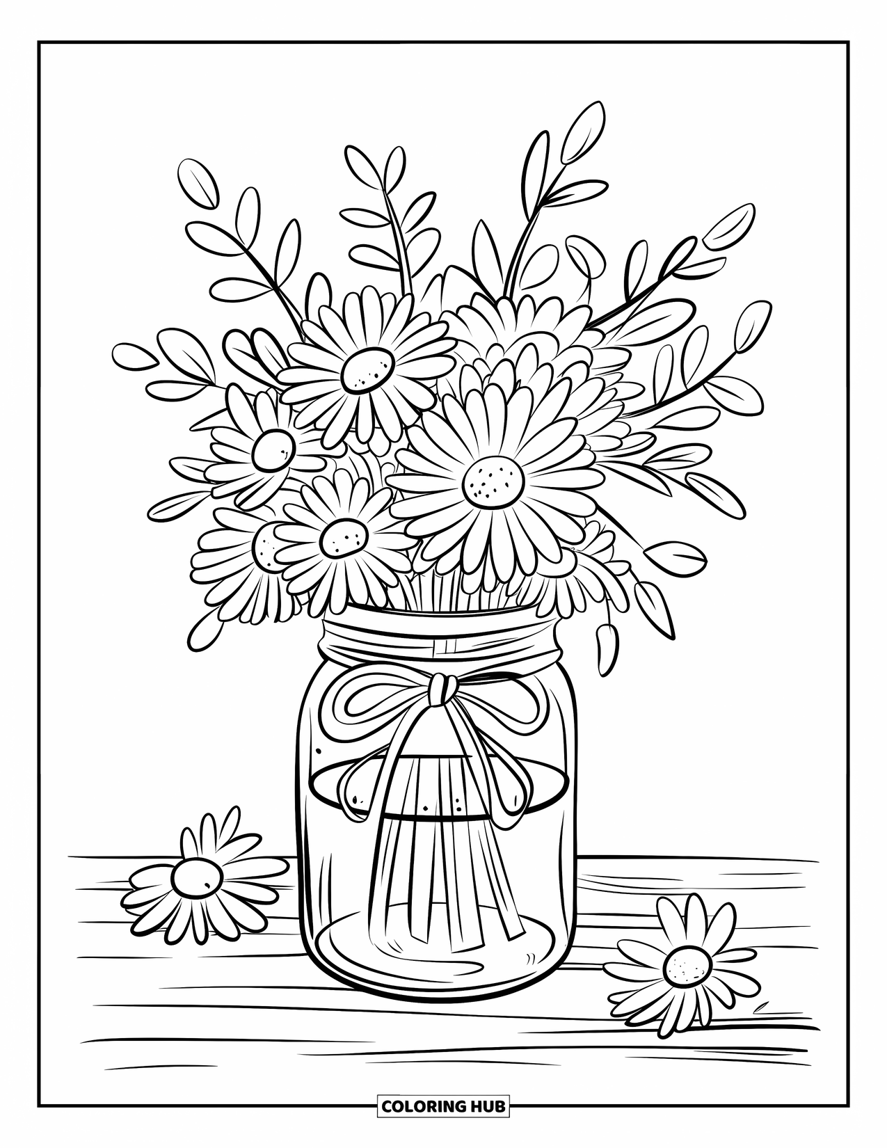 Daisy Coloring Page for Kids: A daisy bouquet in a mason jar, tied with a bow, placed on a wooden surface with scattered daisies
