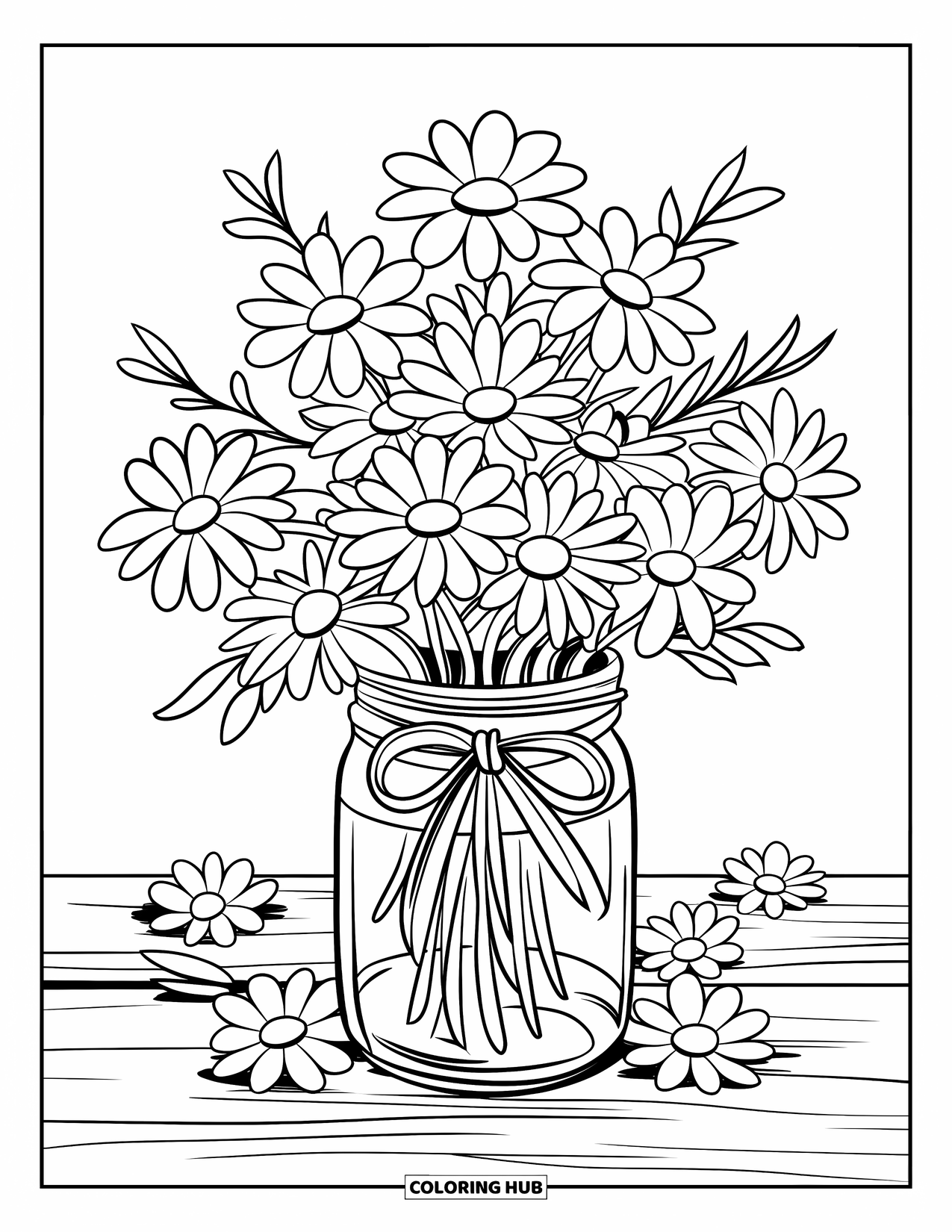 Daisy Coloring Page for Kids: A daisy bouquet in a mason jar, with daisies scattered around and tied with a bow