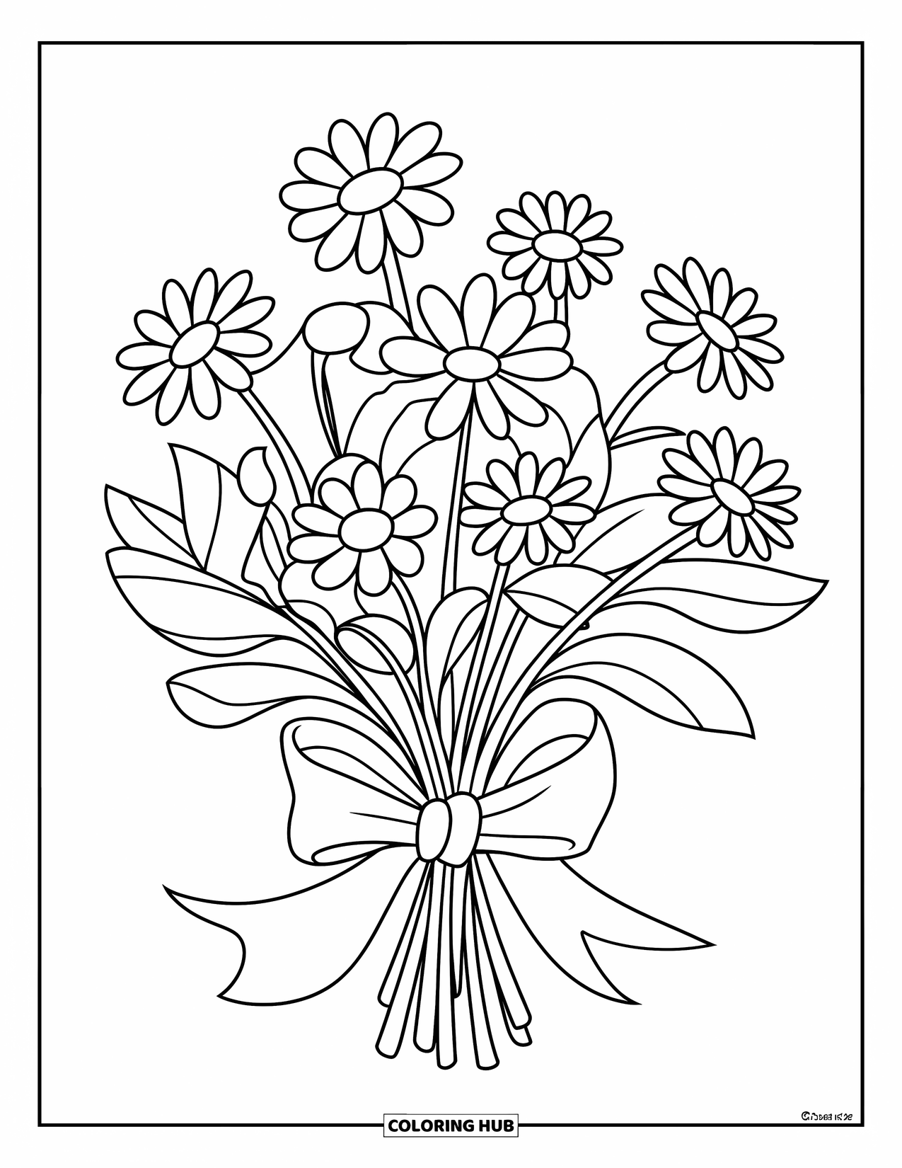 Daisy Coloring Page for Kids: A daisy bouquet tied with a ribbon