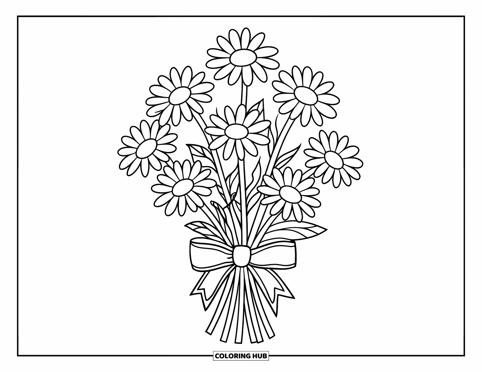 Daisy Coloring Page for Kids: A daisy bouquet with a ribbon, bold and easy to color