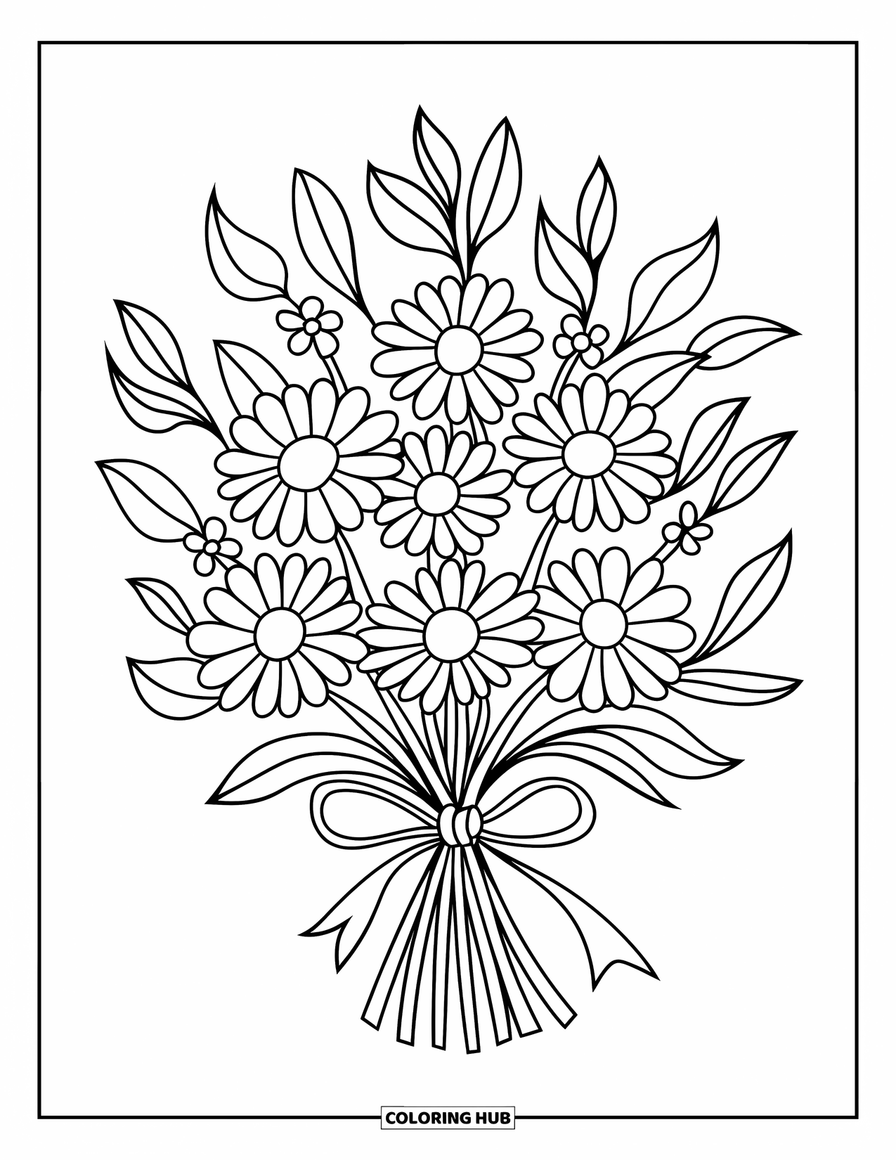 Daisy Coloring Page for Kids: A daisy bouquet with a ribbon