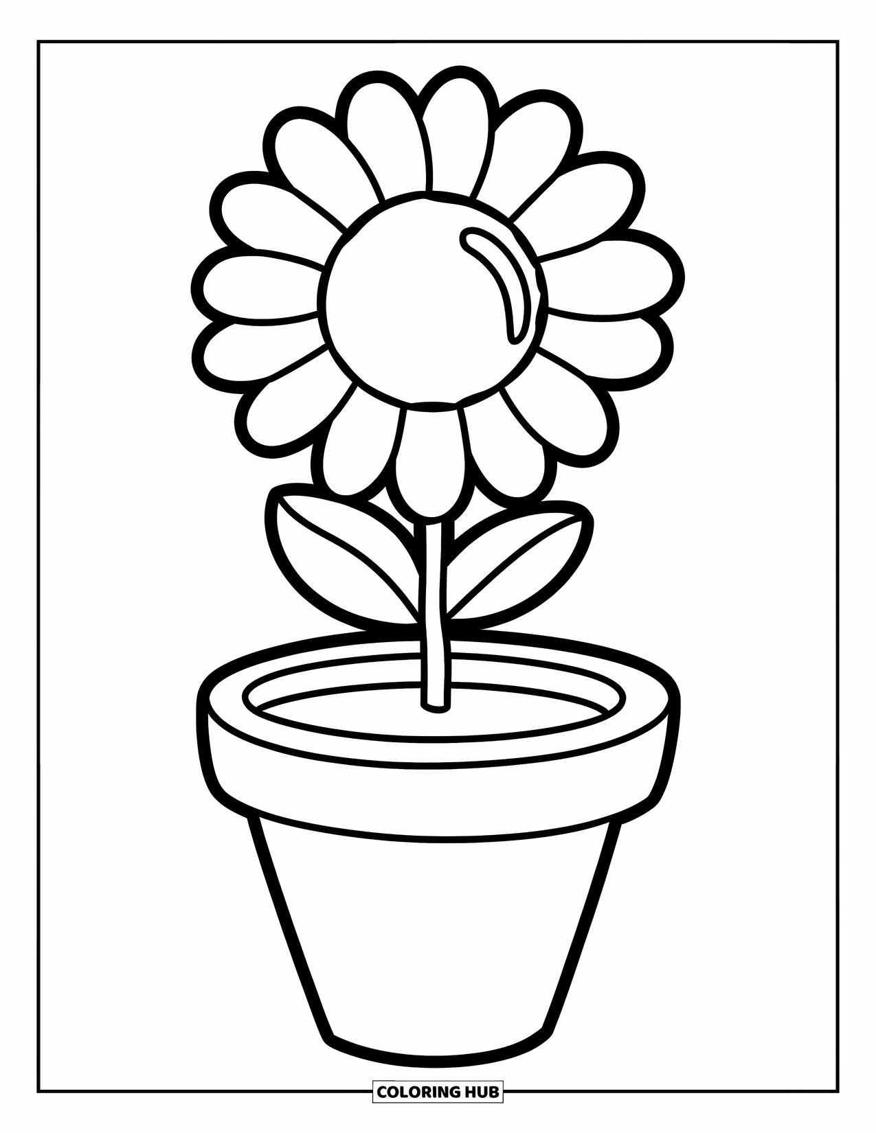 Daisy Coloring Page for Kids: A daisy flower in a flower pot with a yellow center