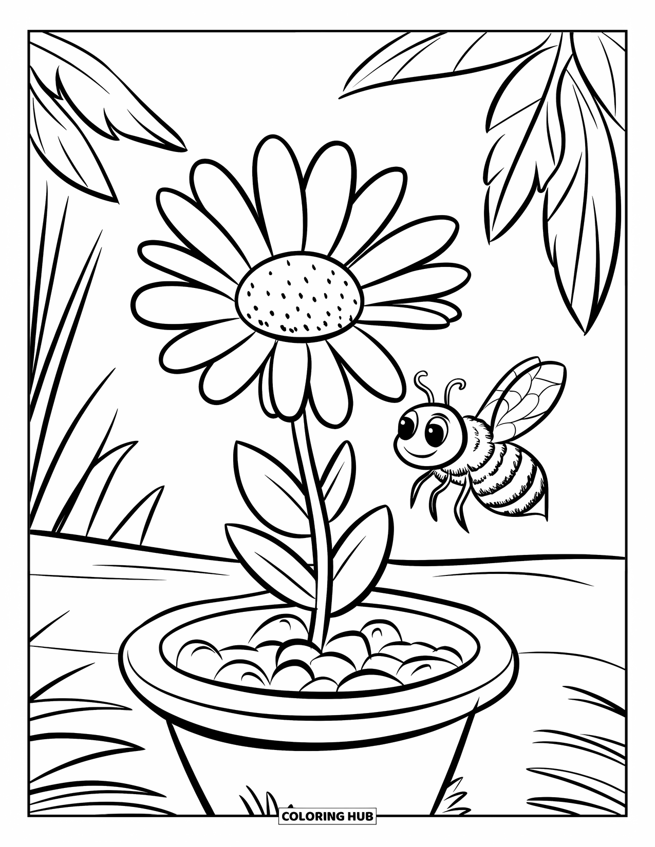 Daisy Coloring Page for Kids: A daisy plant in a small flower pot, with a bee hovering nearby and rocks at the bottom