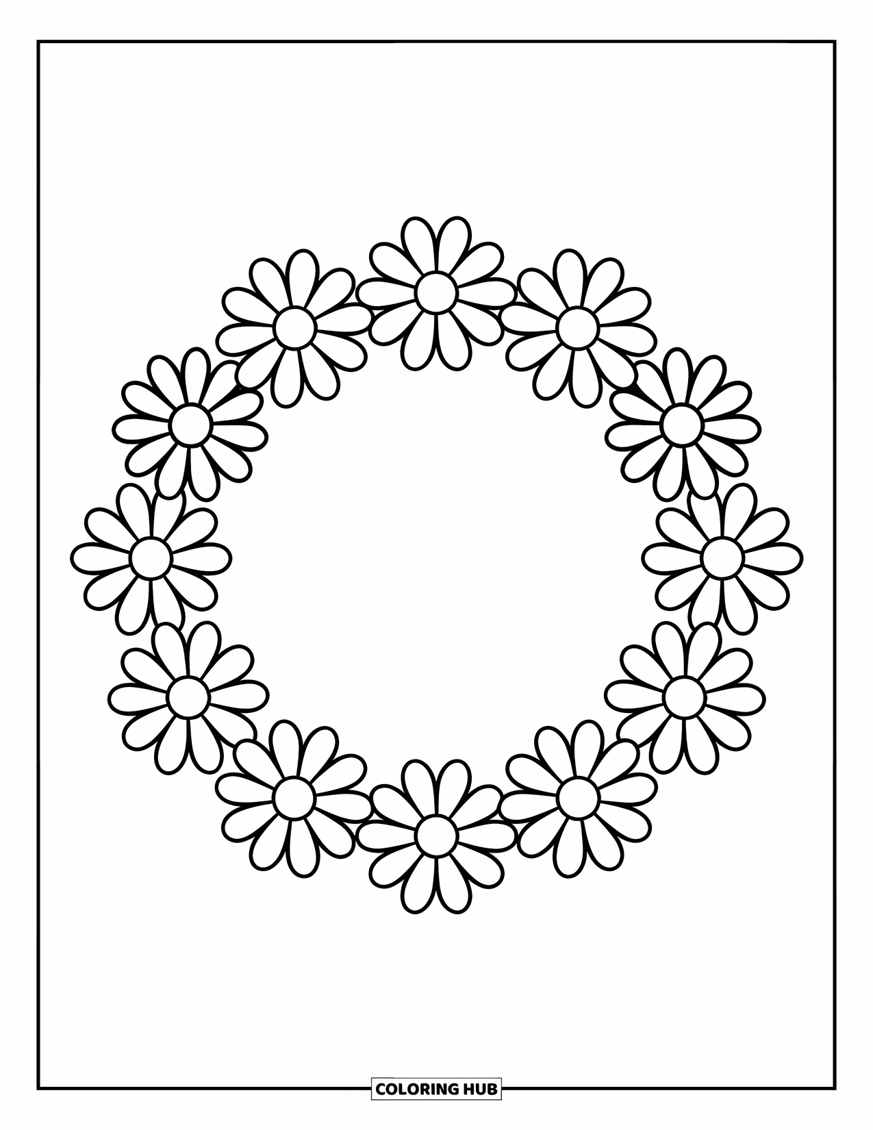 Daisy Coloring Page for Kids: A daisy wreath in a circle, with flowers evenly spaced