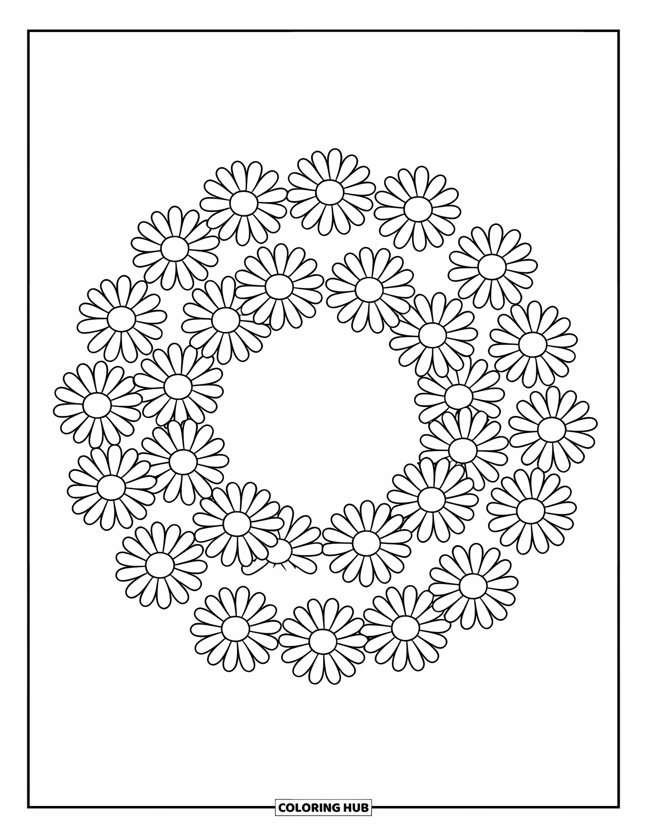Daisy Coloring Page for Kids: A daisy wreath in a perfect circle, full of charm