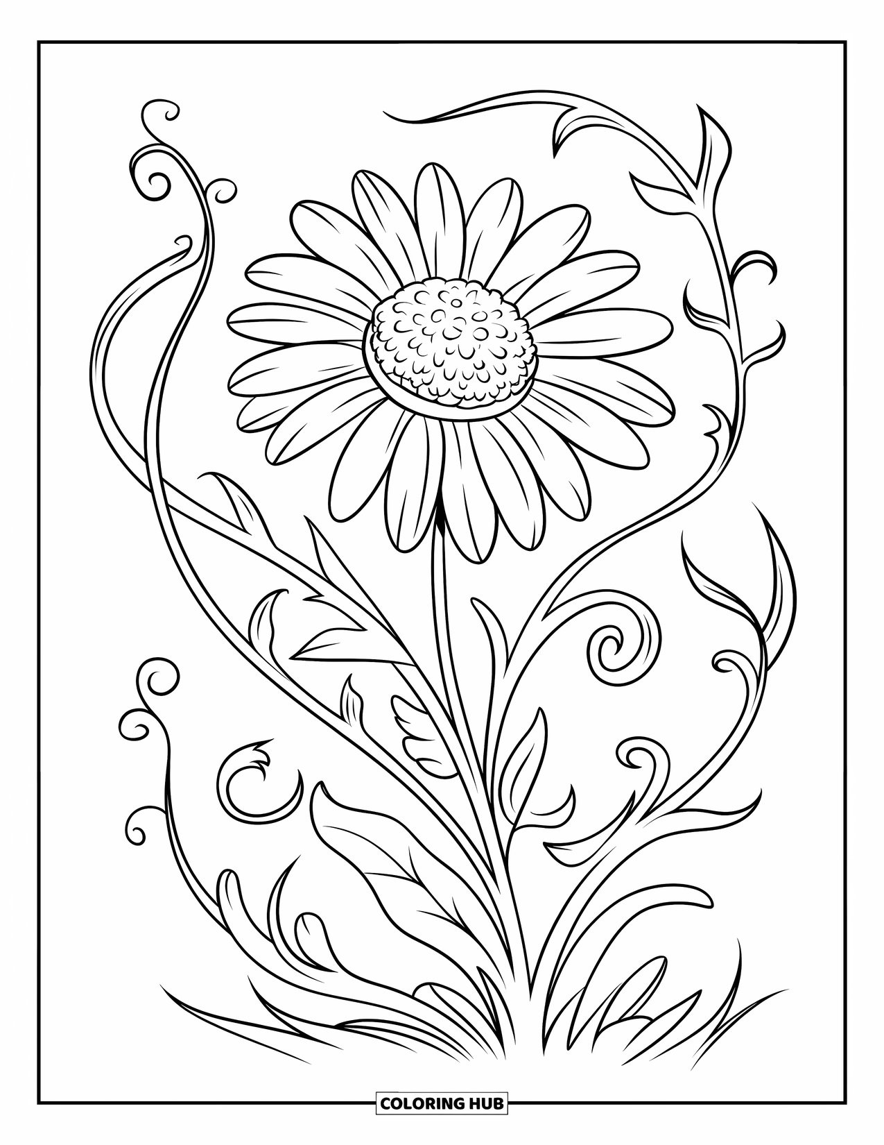 Daisy Coloring Page for Kids: A detailed daisy with swirling vines around the stem, set against a white background