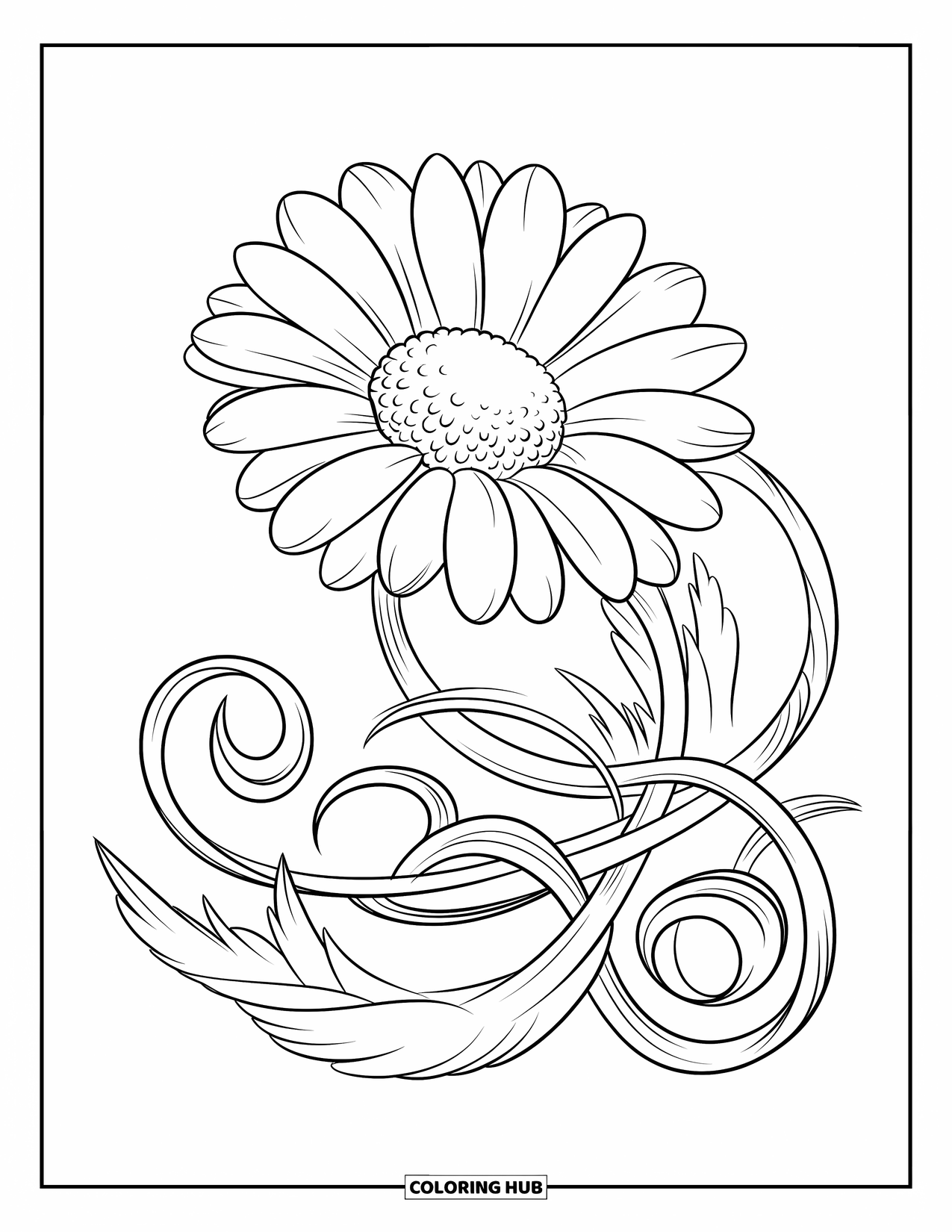 Daisy Coloring Page for Kids: A detailed daisy with swirling vines around the stem, with a yellow center and white petals