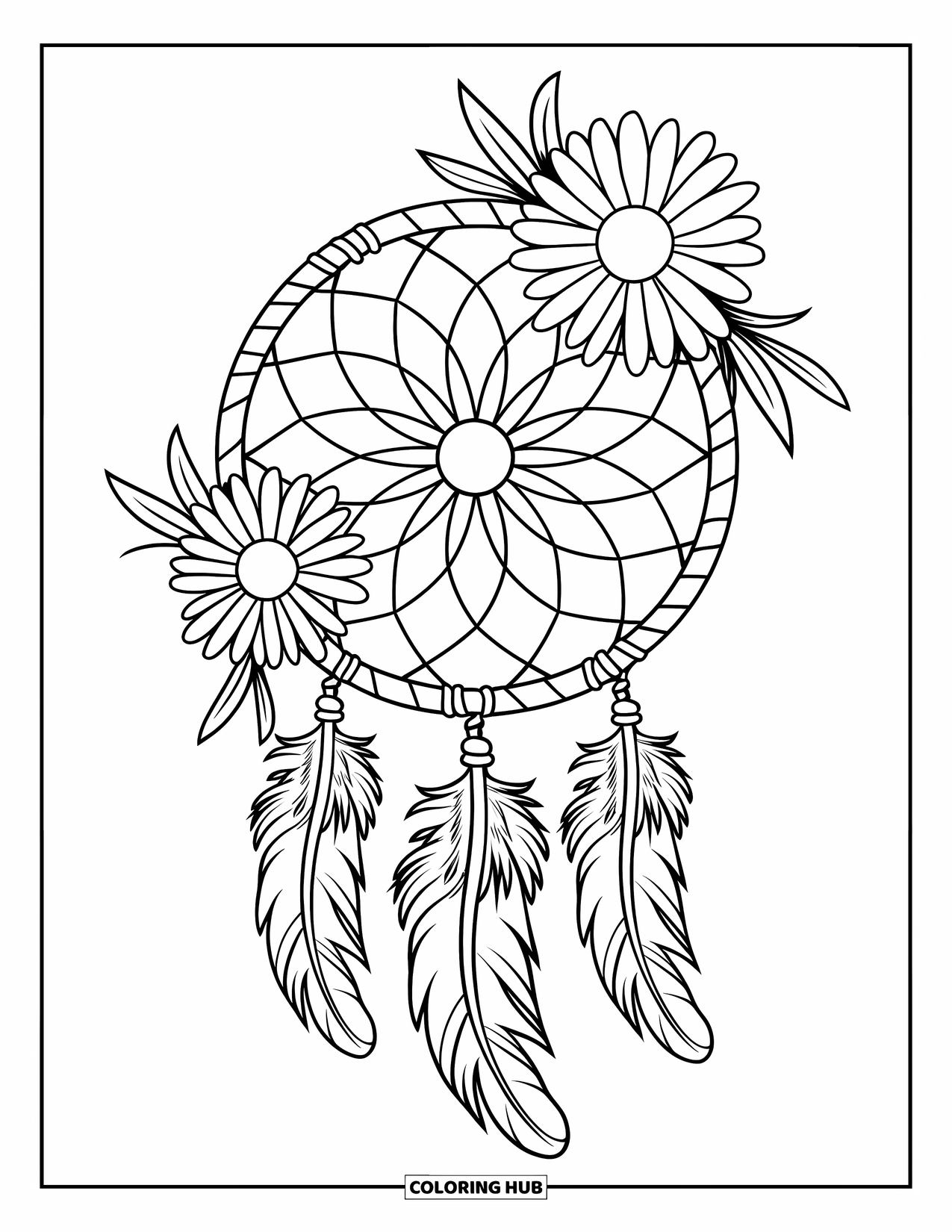 Daisy Coloring Page for Kids: A dreamcatcher with a daisy theme, featuring a woven hoop and hanging feathers