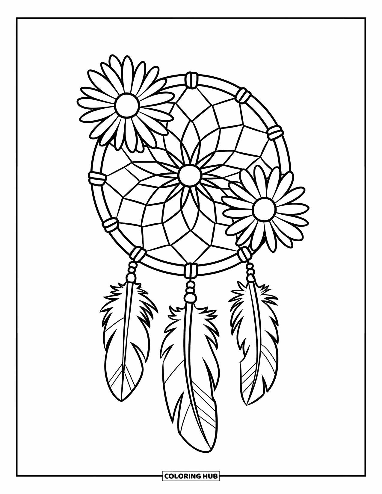 Daisy Coloring Page for Kids: A dreamcatcher with a daisy theme, featuring a woven web and hanging feathers