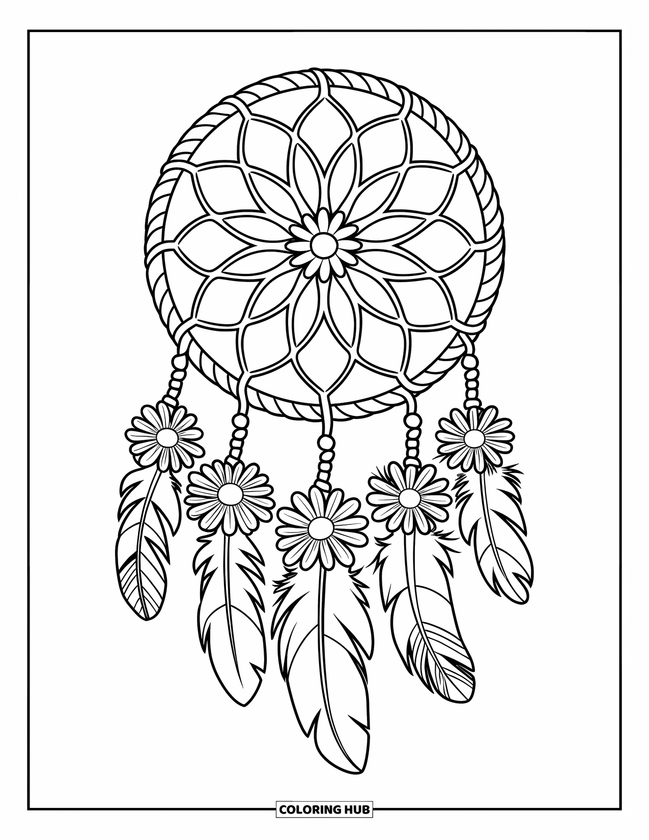 Daisy Coloring Page for Kids: A dreamcatcher with daisy-shaped holes in the web and feathers hanging below