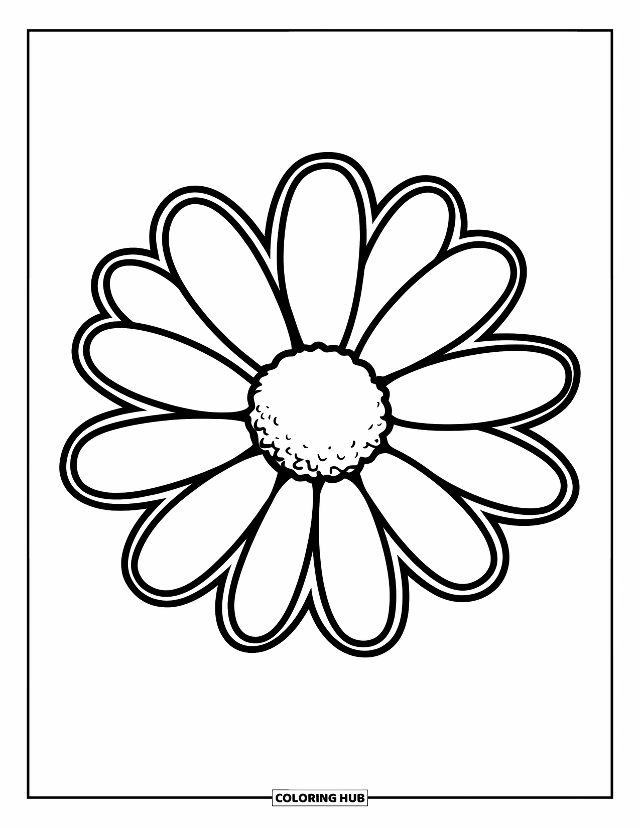 Daisy Coloring Page for Kids: A large daisy with a bold round center and petals