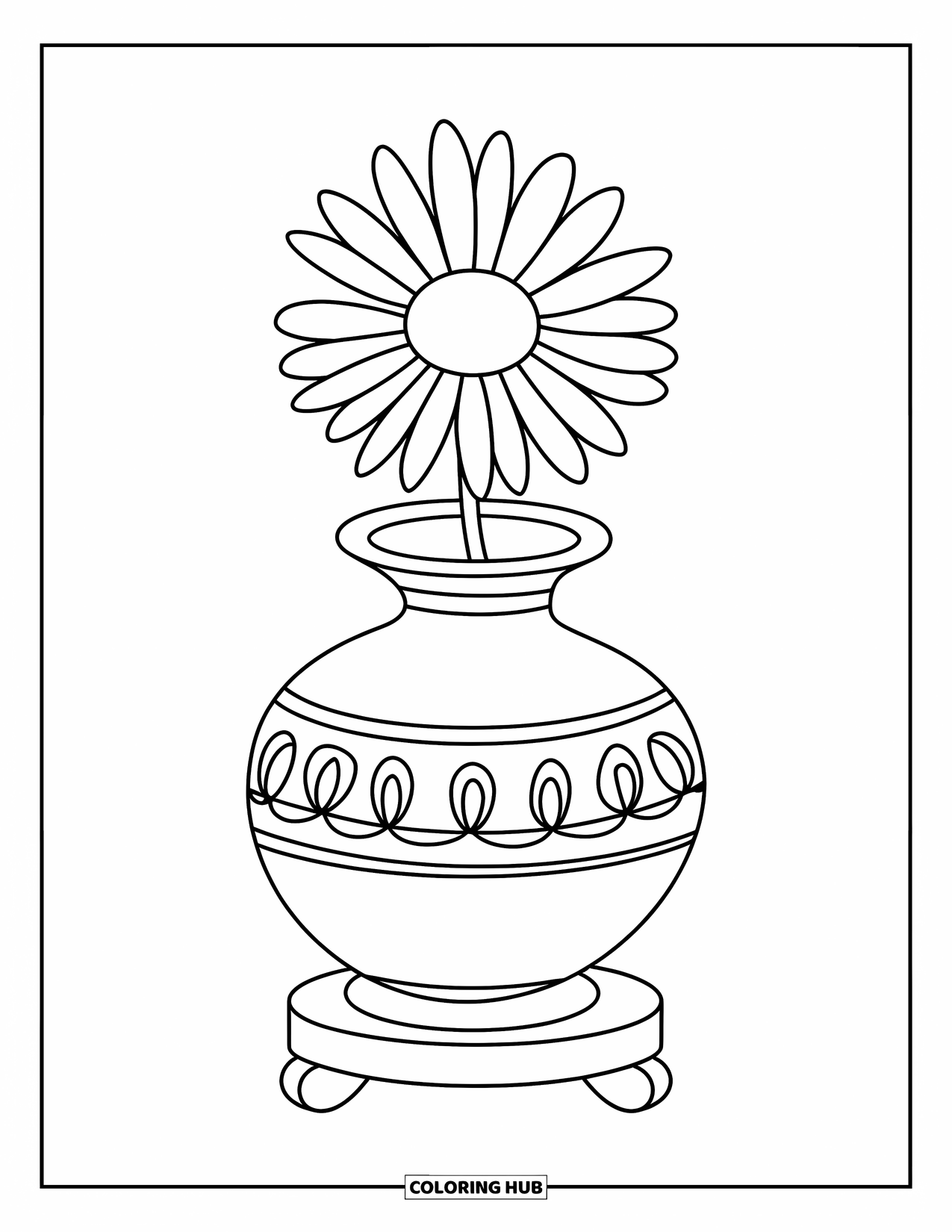 Daisy Coloring Page for Kids: A single daisy in a decorative vase with ornamental patterns on a wooden stand