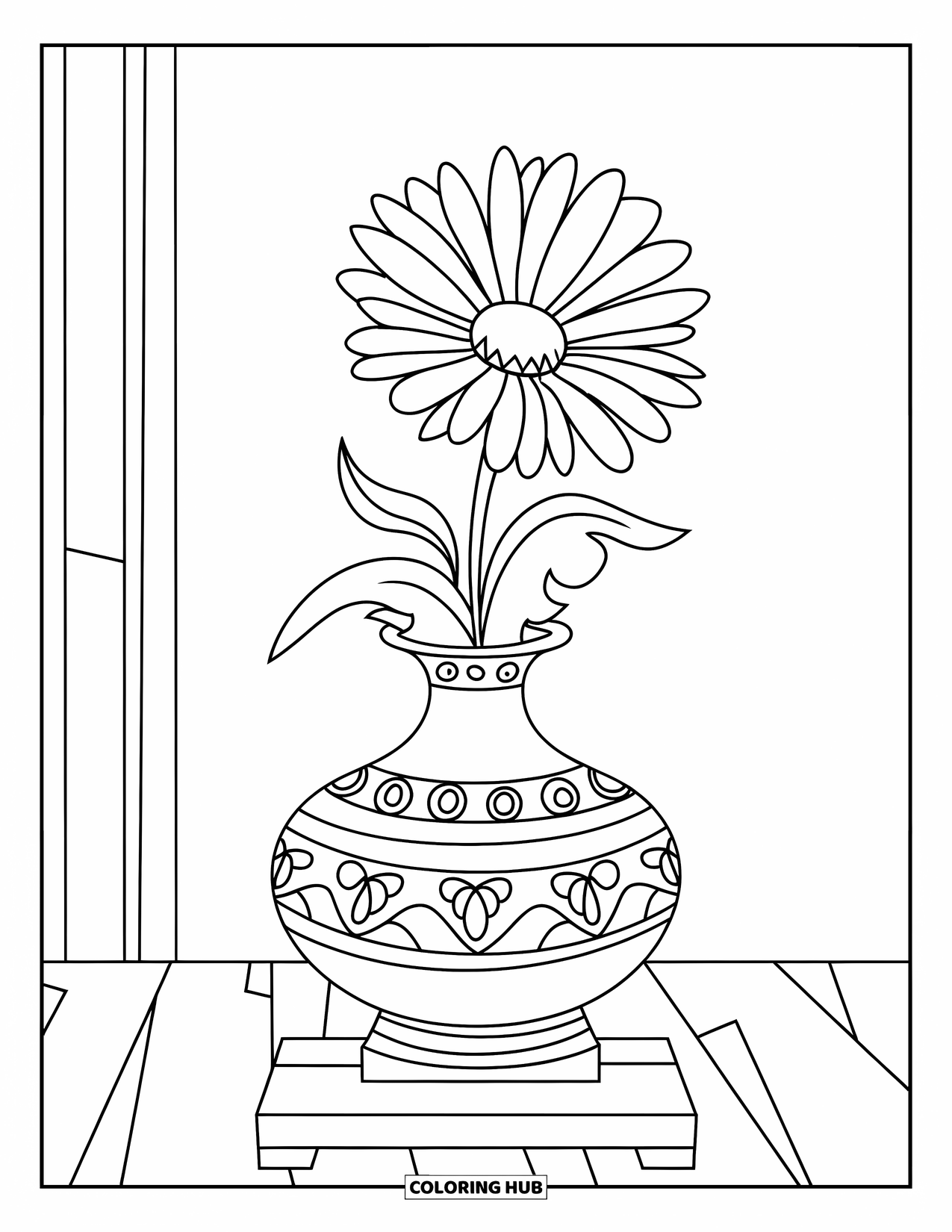 Daisy Coloring Page for Kids: A single daisy in a decorative vase with ornamental patterns, placed on a wooden base