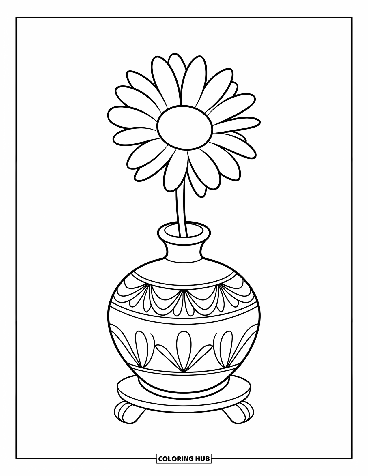 Daisy Coloring Page for Kids: A single daisy in a decorative vase with ornamental patterns, placed on a wooden stand