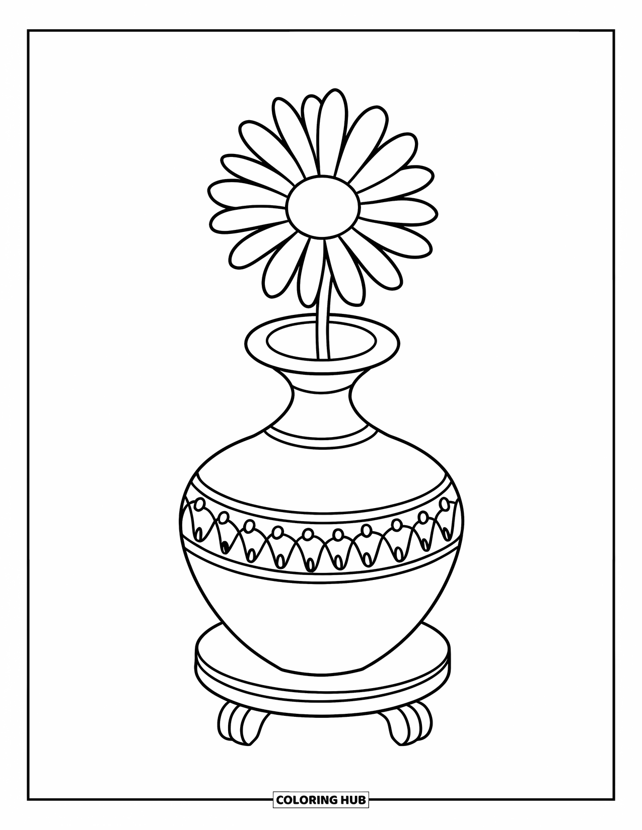 Daisy Coloring Page for Kids: A single daisy in a decorative vase with ornamental patterns, placed on a wooden stand