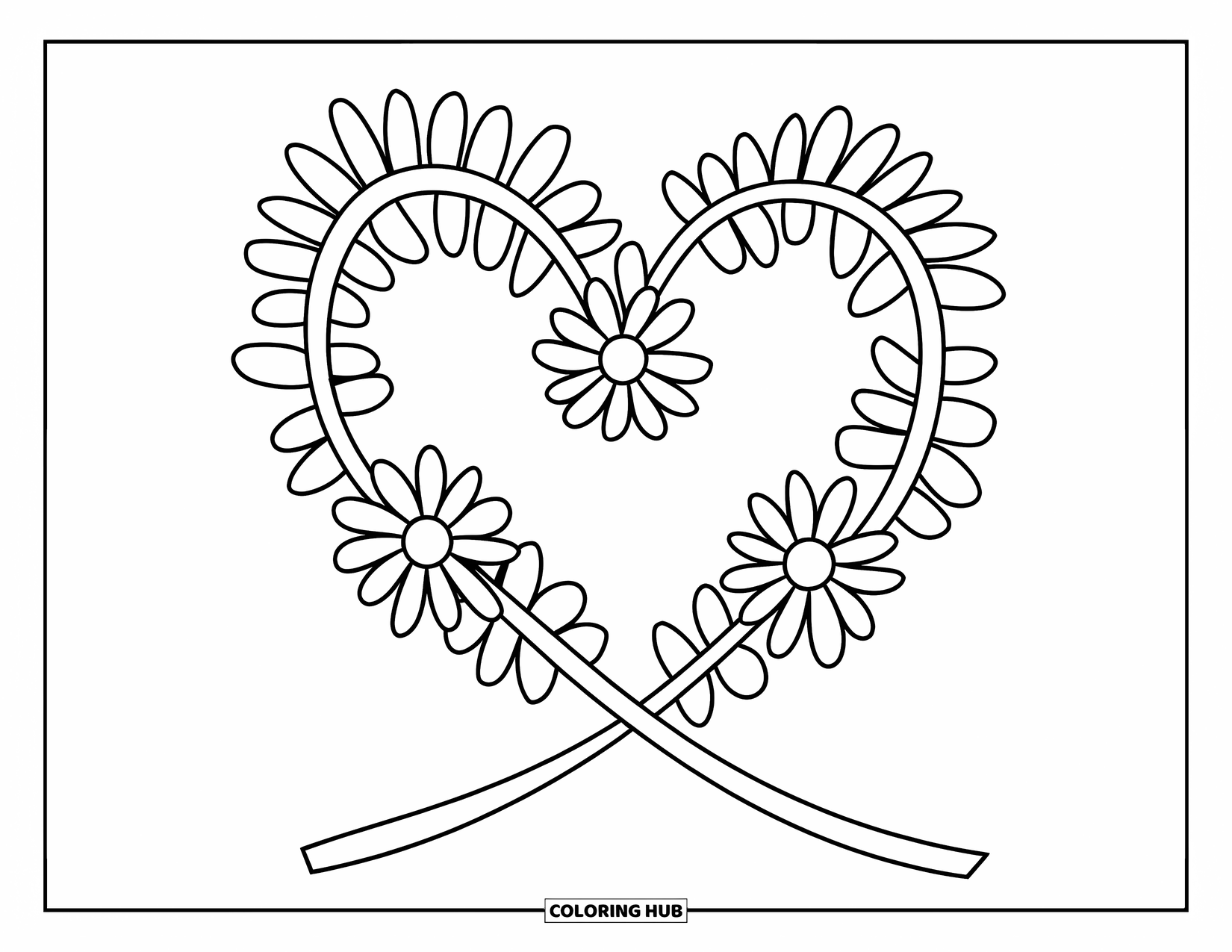 Daisy Coloring Page for Kids: Two intertwined daisy stems forming a heart shape with bold outlines