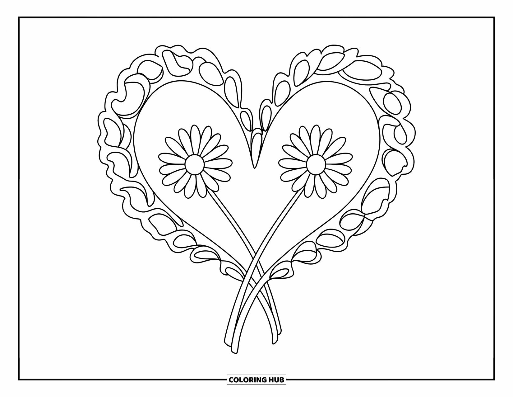 Daisy Coloring Page for Kids: Two intertwined daisy stems forming a heart shape, with clean, bold outlines