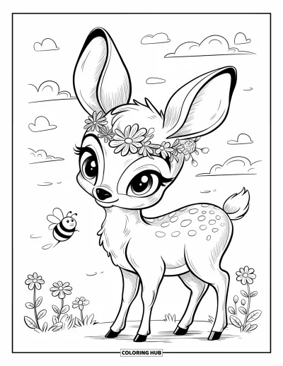 Coloriage de cerfs pour adultes : Un bébé cerf aux oreilles dressées et à la couronne de fleurs contemple une petite abeille