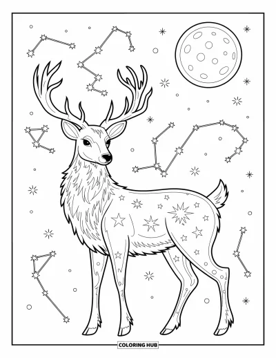 Coloriage de cerfs pour adultes : Un cerf céleste se tient sous une pleine lune lumineuse, entouré de constellations scintillantes