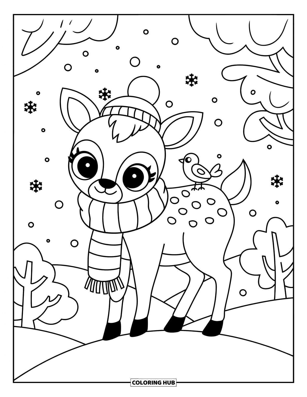 Deer Coloring Page for Adults: A cozy deer with a scarf stands in a winter landscape as snowflakes drift down
