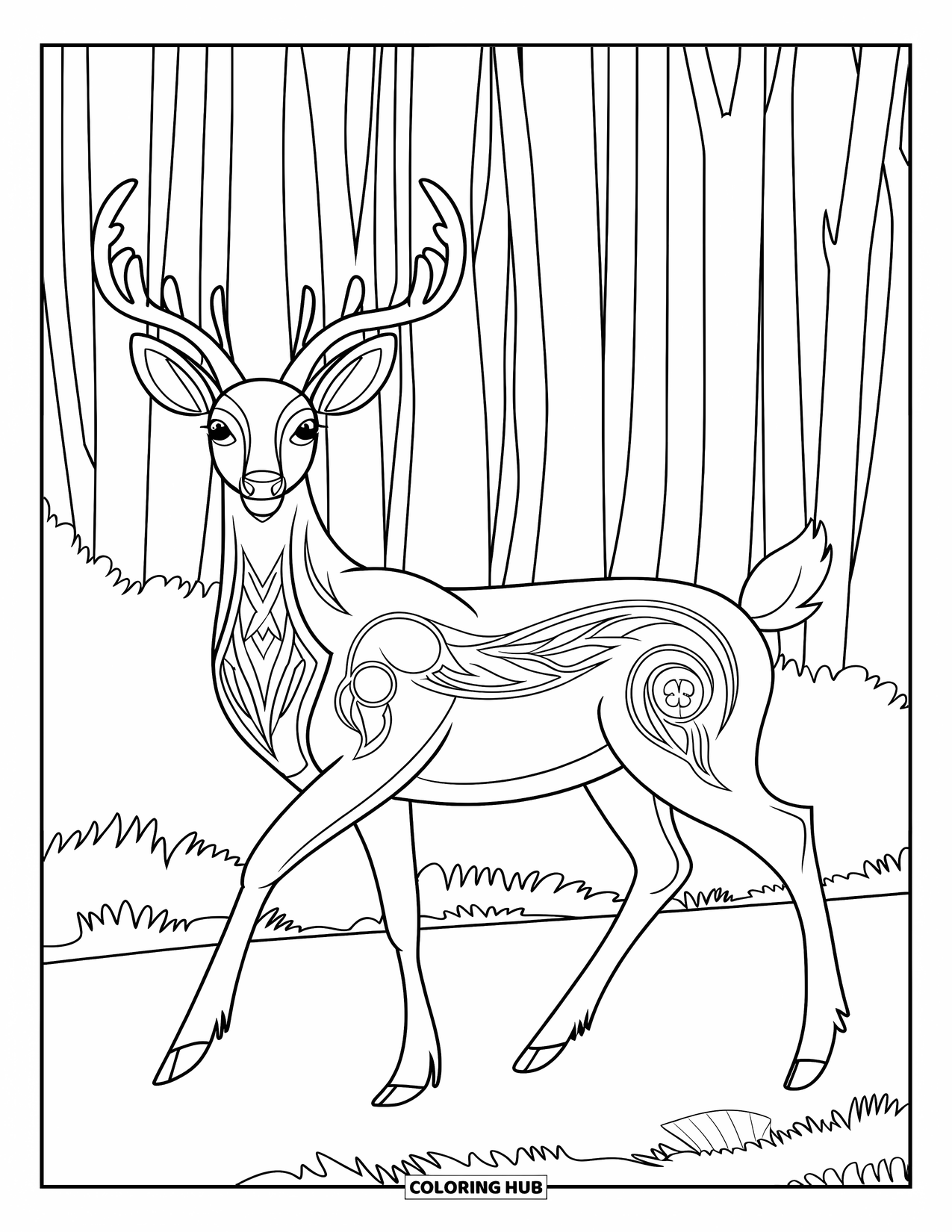 Deer Coloring Page for Adults: A decorated deer with intricate markings walks along a forest path with towering trees