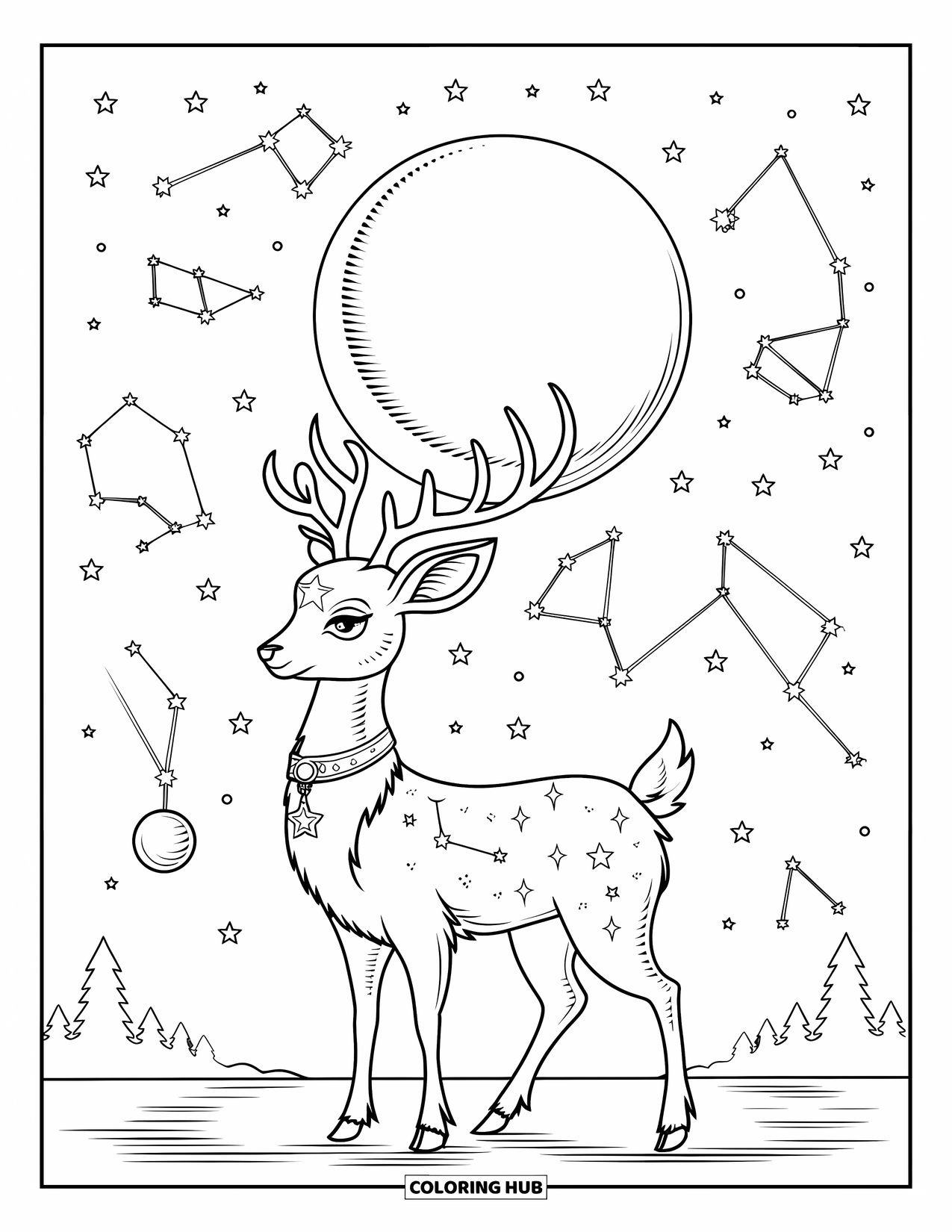 Deer Coloring Page for Adults: A deer adorned with stars stands beneath a glowing moon in a dreamy night sky