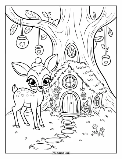 Coloriage de cerfs pour adultes : Un cerf s’approche avec curiosité d’une maison de fée au toit moussu et aux fenêtres lumineuses