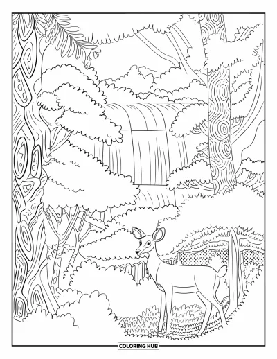 Coloriage de cerfs pour adultes : Un cerf contemple une cascade isolée dans une forêt aux textures d’arbres minutieusement détaillées