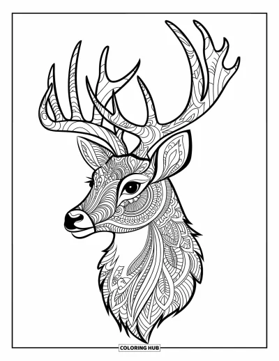 Coloriage de cerfs pour adultes : Une tête de cerf est ornée d’un mandala tourbillonnant et de motifs floraux délicats