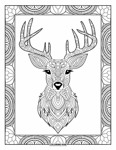 Coloriage de cerfs pour adultes : Une tête de cerf aux motifs inspirés du mandala est entourée d’éléments décoratifs tourbillonnants