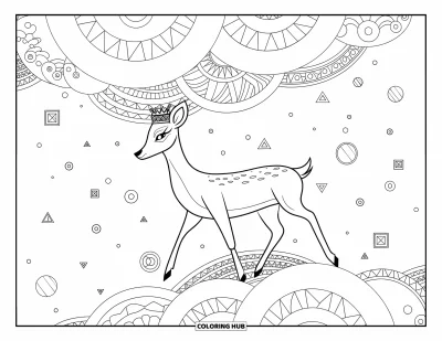 Coloriage de cerfs pour adultes : Un cerf dans un monde surréaliste marche parmi des triangles, des cercles et des motifs complexes flottants